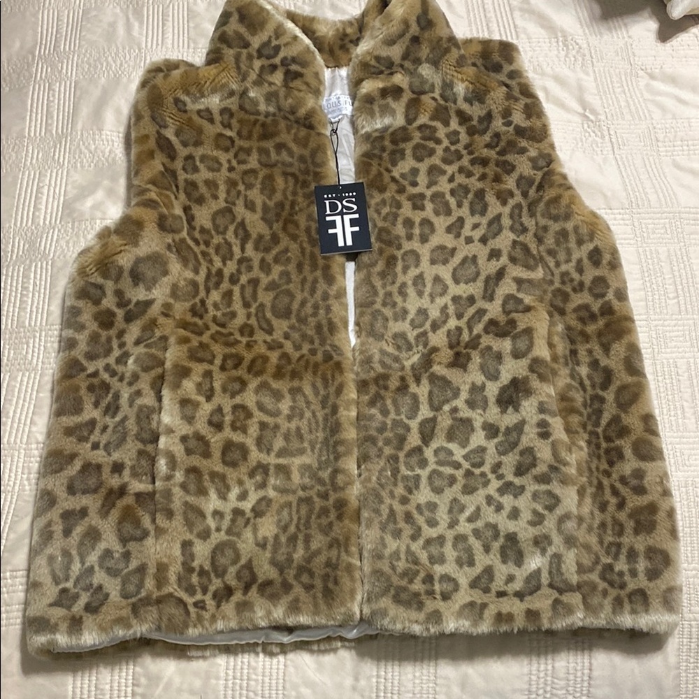 Fabulous Furs Tan and Brown Faux Fur Vest with Animal Print Medium